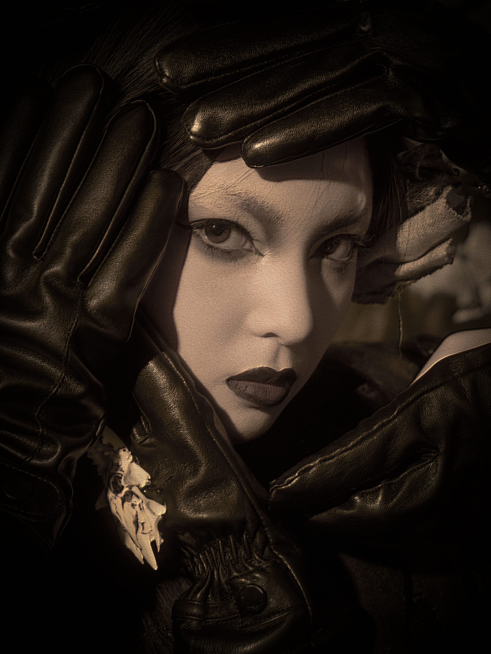 Veil of Absence — close study of the face between leather gloves