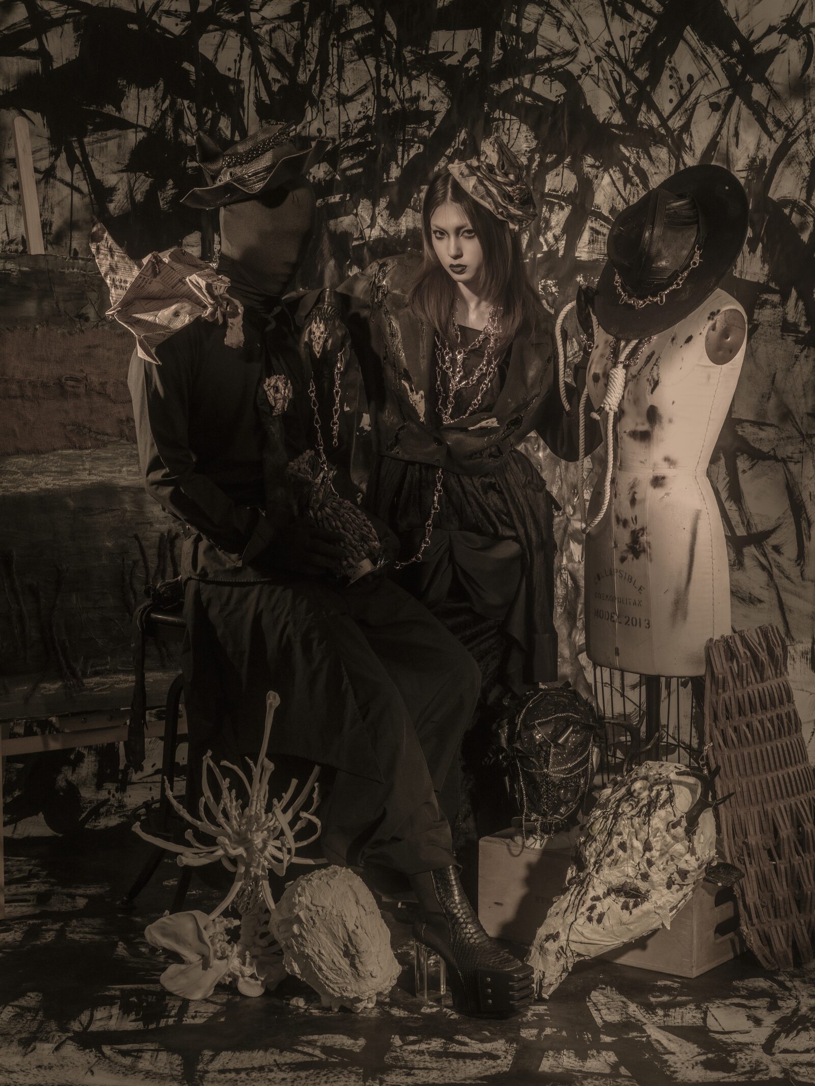 Veil of Absence — full-length composition with mannequin forms